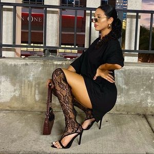 Black lace toe thong thigh high heels Clearance